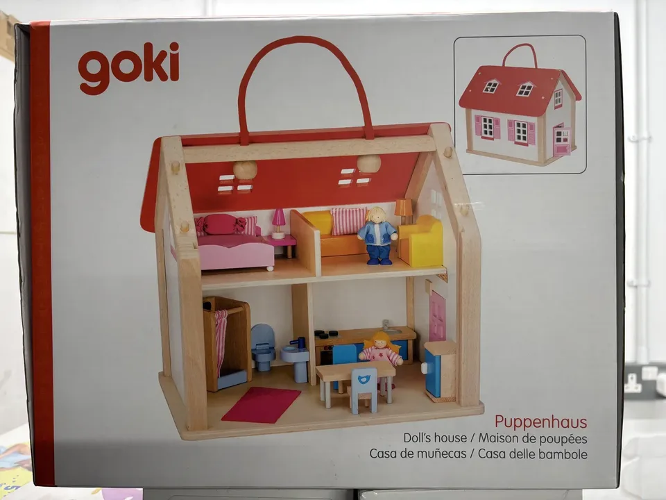 Goki Wooden Doll House with Carry Handle inside carton