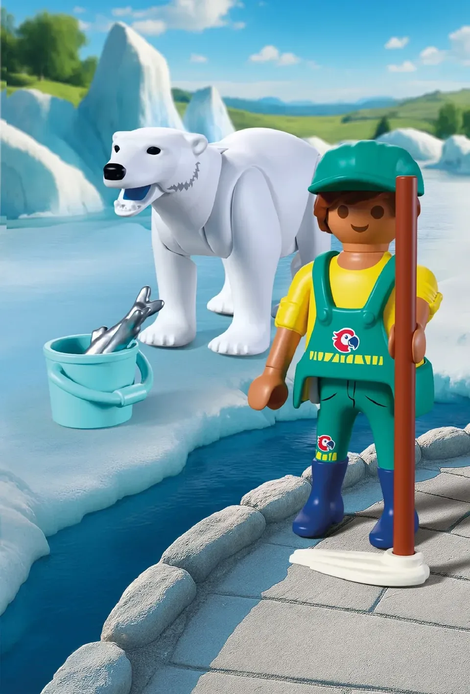 Zoo keeper feeding fresh fish to Arctic polar bear