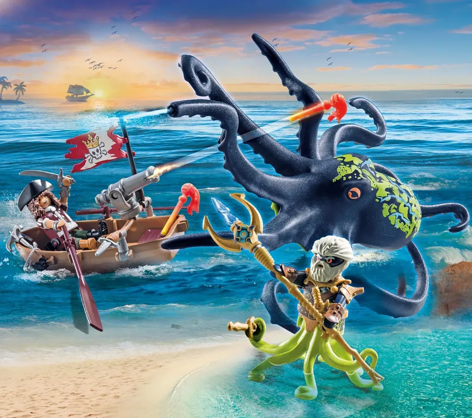 Pirate firing cannon at glowing giant octopus in open sea