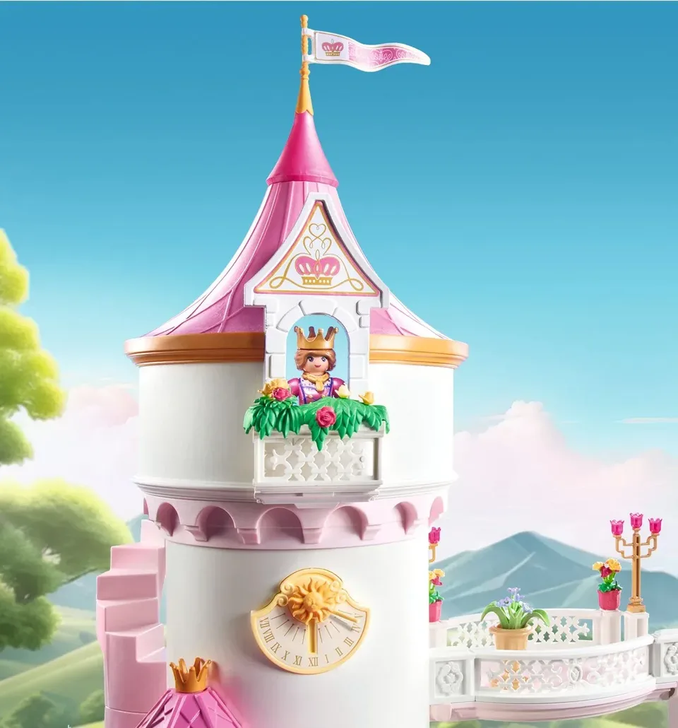 Princess figure on castle balcony with sundial
