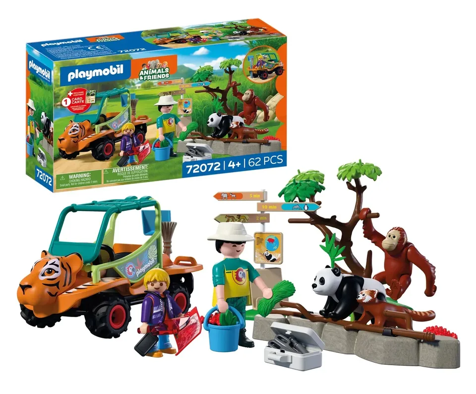 Safari wildlife ranger vehicle feeding pandas and orangutans