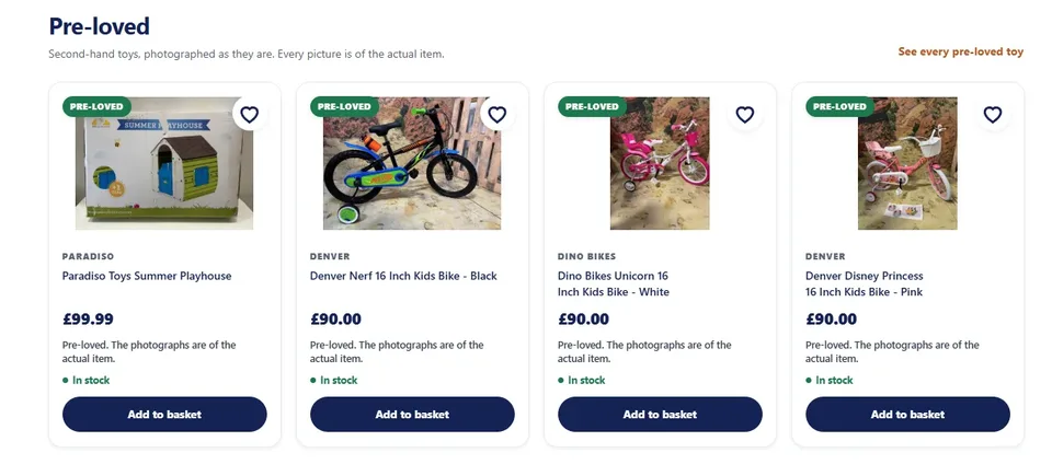 Toytastic pre-loved toys category showing in-stock listings