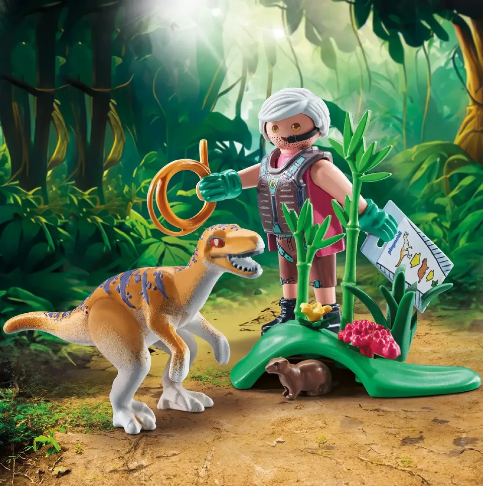 Explorer capturing raptor dinosaur in primeval jungle