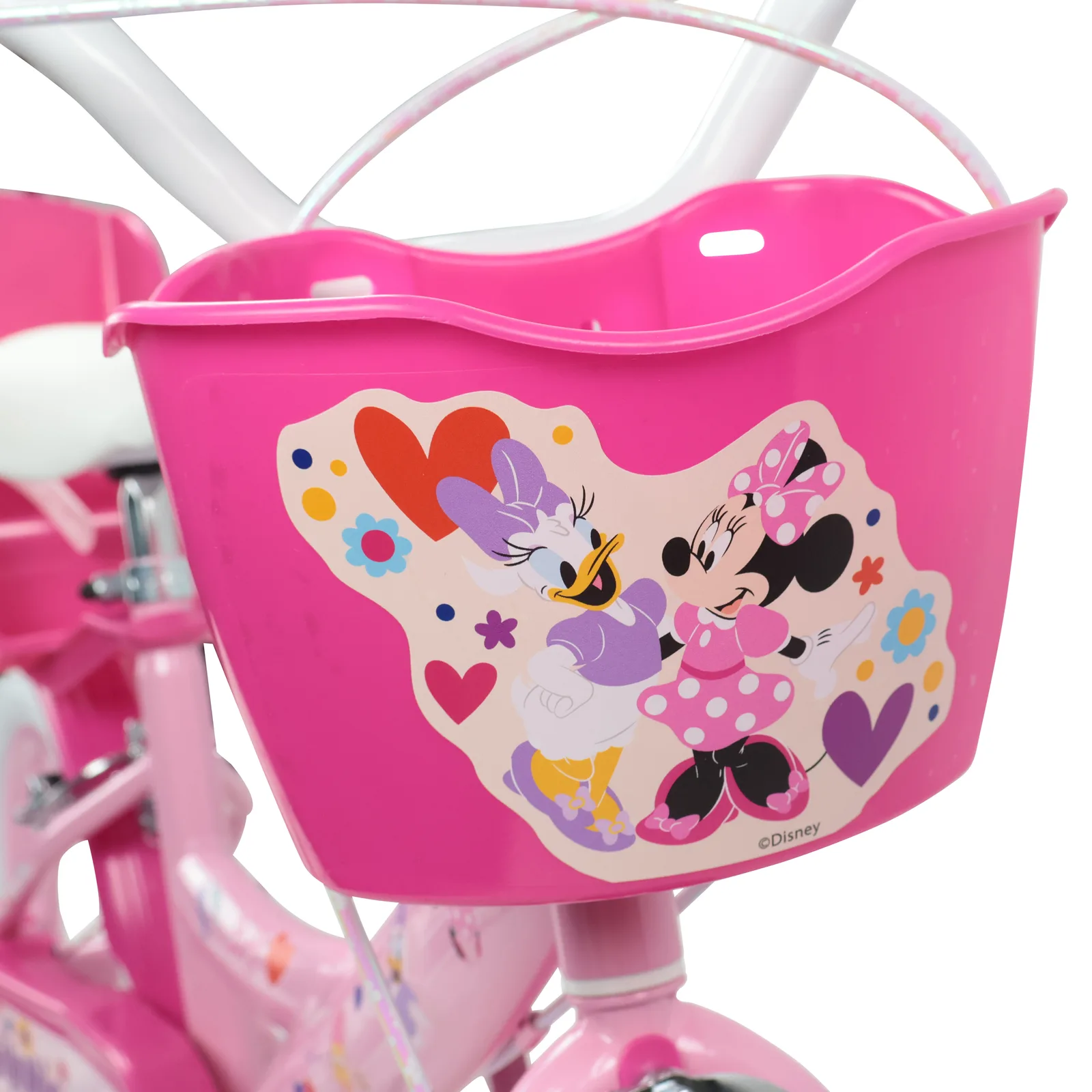 Minnie Mouse bike front basket with Disney character graphics and polka-dot design in bright pink and cream