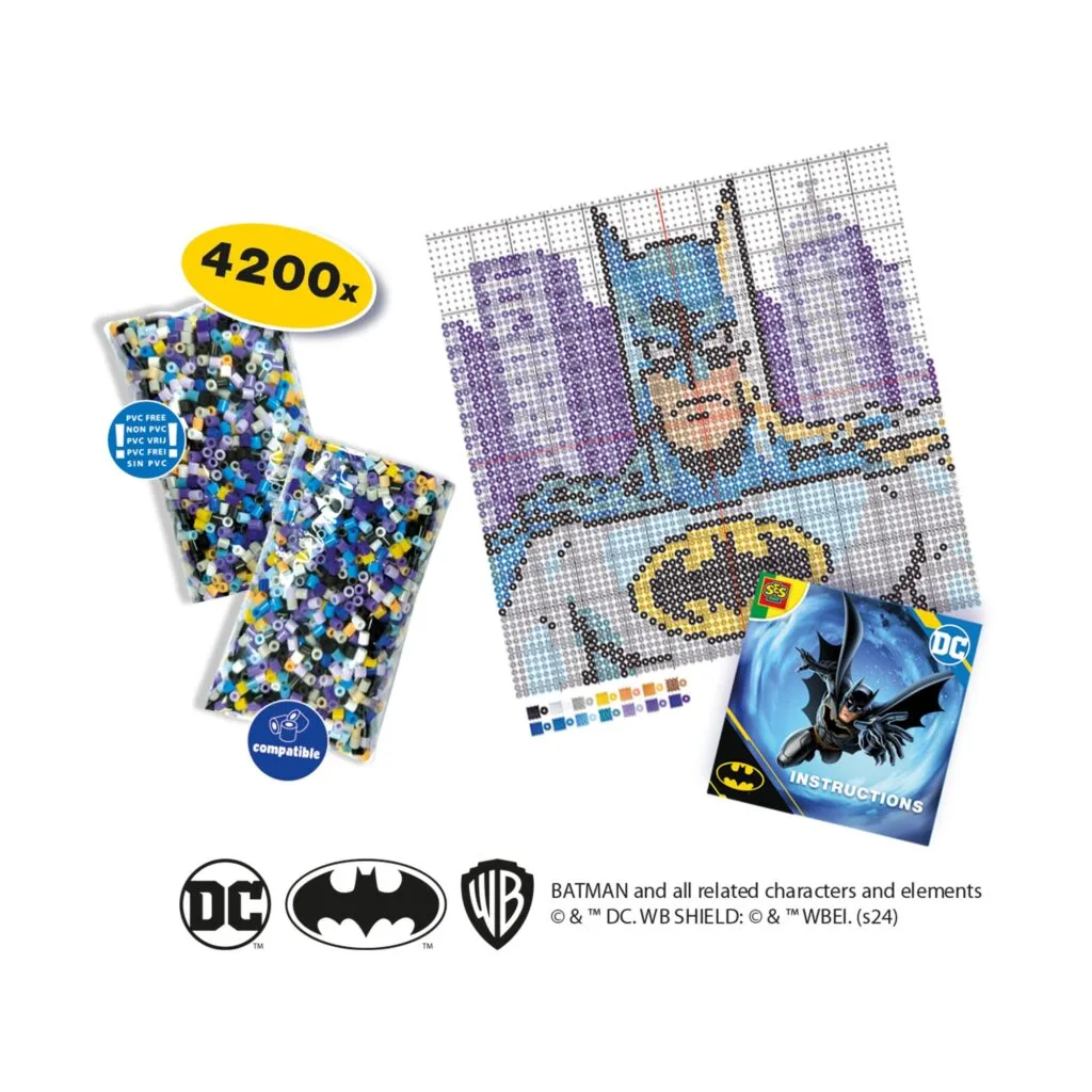 SES Creative Beedz Batman iron-on beads kit contents showing 4200 PVC-free beads in colour mix bags, design instruction sheet and DC Comics branding