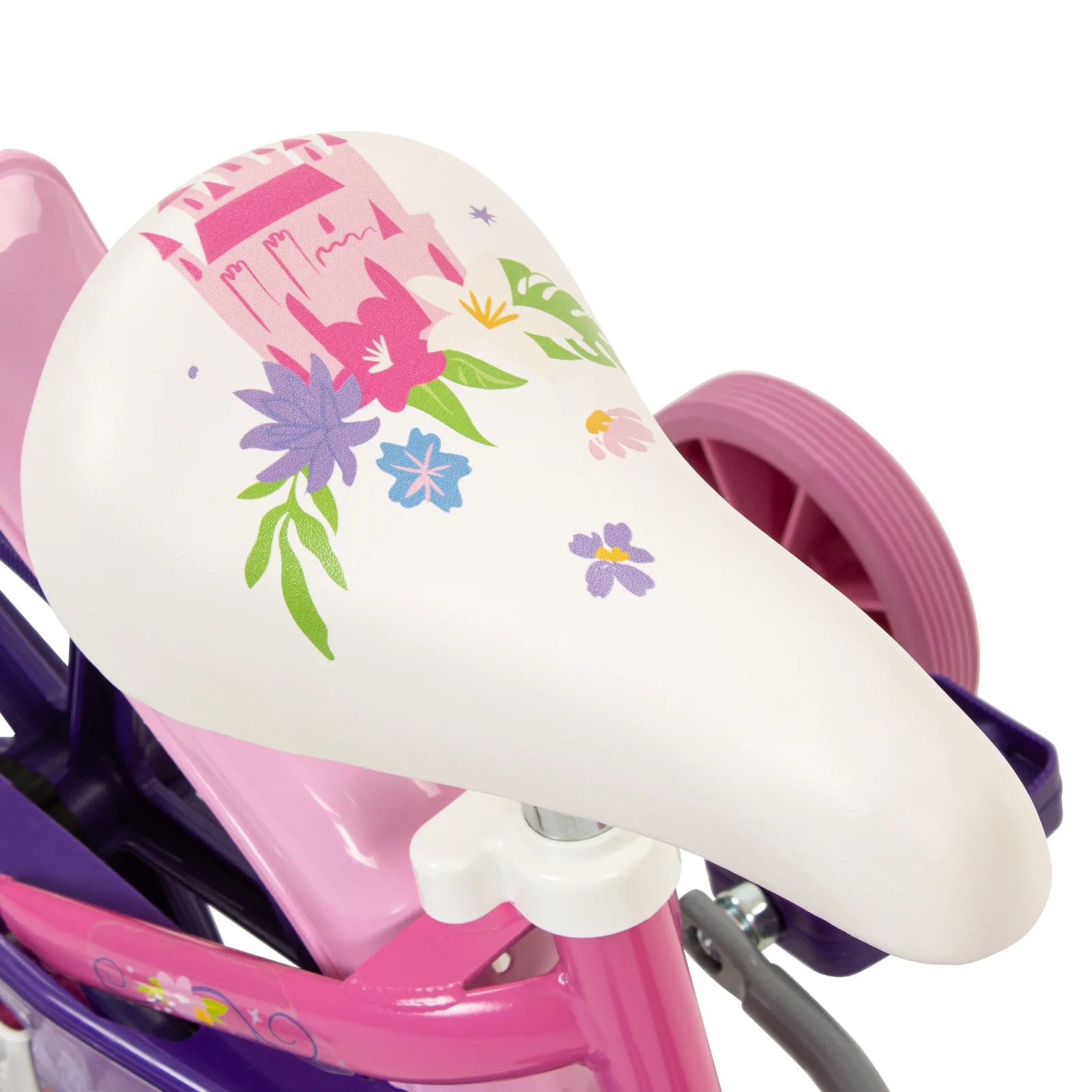 Close-up of Toimsa Disney Princess bike saddle showing floral castle print design in white, pink, and green