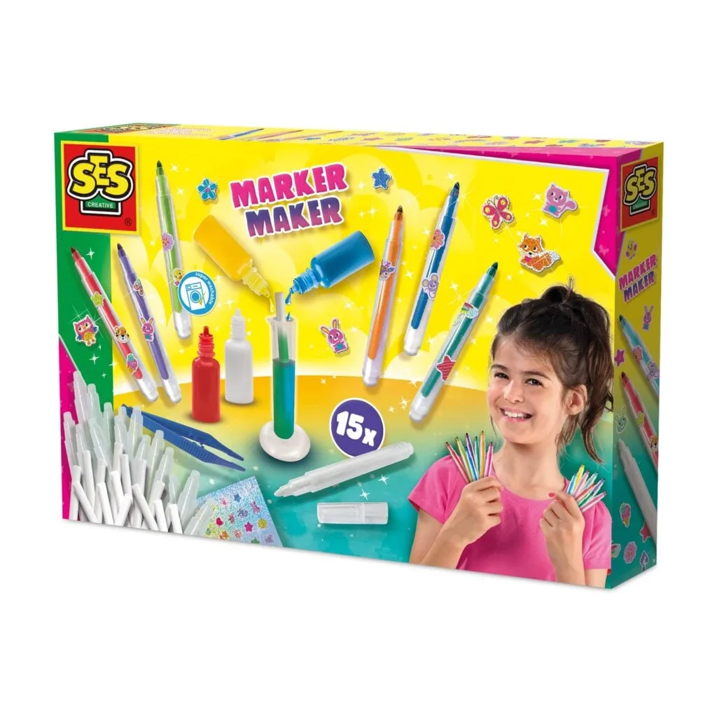 The SES Creative Marker Maker kit, showing the components needed to mix custom ink colours and assemble 15 unique markers.