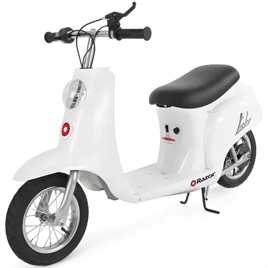 Razor Pocket Mod Bistro miniature electric scooter in white with 12-inch pneumatic tyres, padded seat and retro Italian styling, ages 13 and up