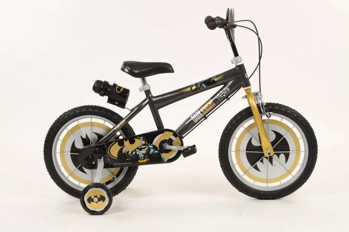 Toimsa Batman 16 inch kids bicycle in black and gold with Dark Knight decals, Batman logo stabilisers, front shield and rear drinks bottle holder