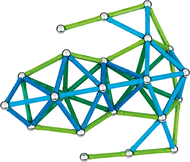 Completed Geomag Classic model built from blue and green magnetic rods and steel spheres showing open geometric 3D structure