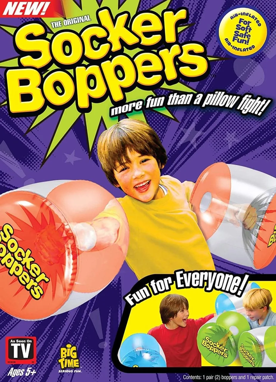 Big Time Toys Socker Boppers inflatable boxing pillows box showing a child wearing the oversized orange air-filled vinyl boppers, ages 5 plus