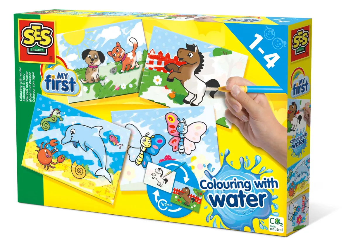 The SES Creative My First Colouring with Water set, showing the four magic reveal cards and a child using the safe paintbrush to reveal the colours.