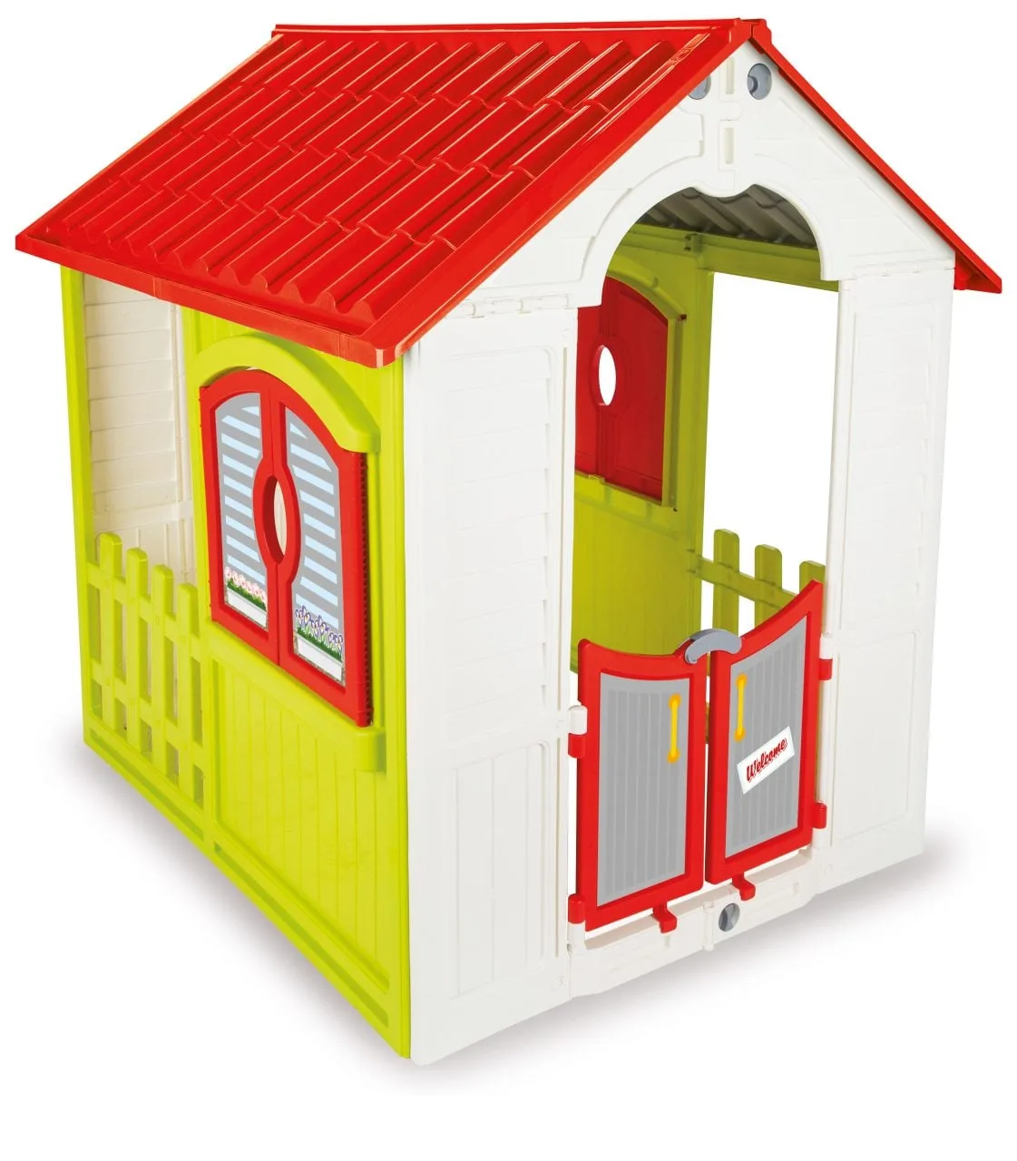 Pilsan folding playhouse 06-091 with red tiled roof, lime green panels, saloon-style half doors and integrated fence, on white background