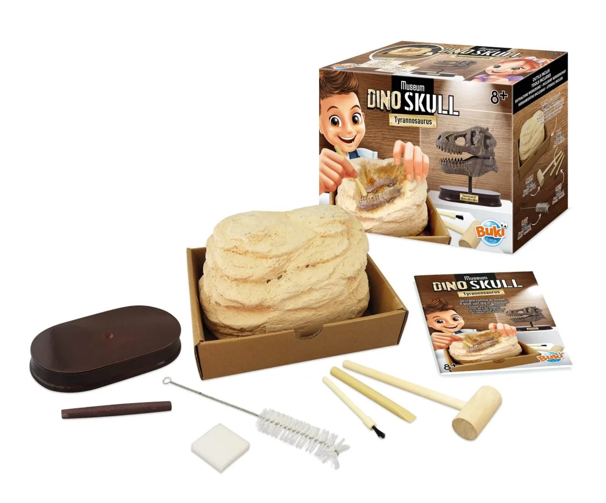 Buki Museum Dino Skull Tyrannosaurus excavation kit showing the plaster block, tools, display plinth, and product box for ages 8 and over.