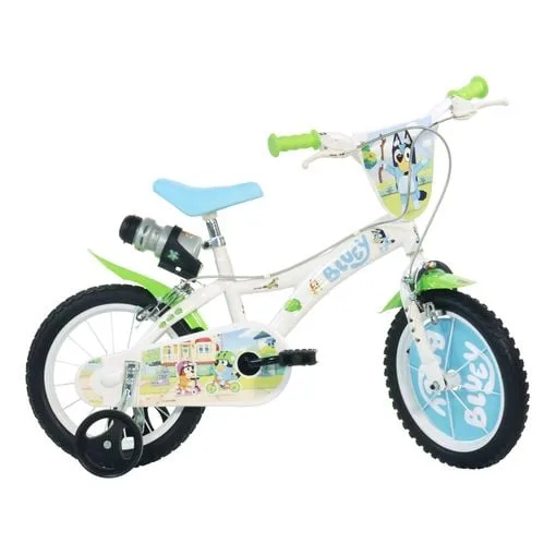 Dino Bikes Bluey 14 inch children's bicycle in white, blue and green with Bluey character graphics, removable stabilisers and drinks bottle holder