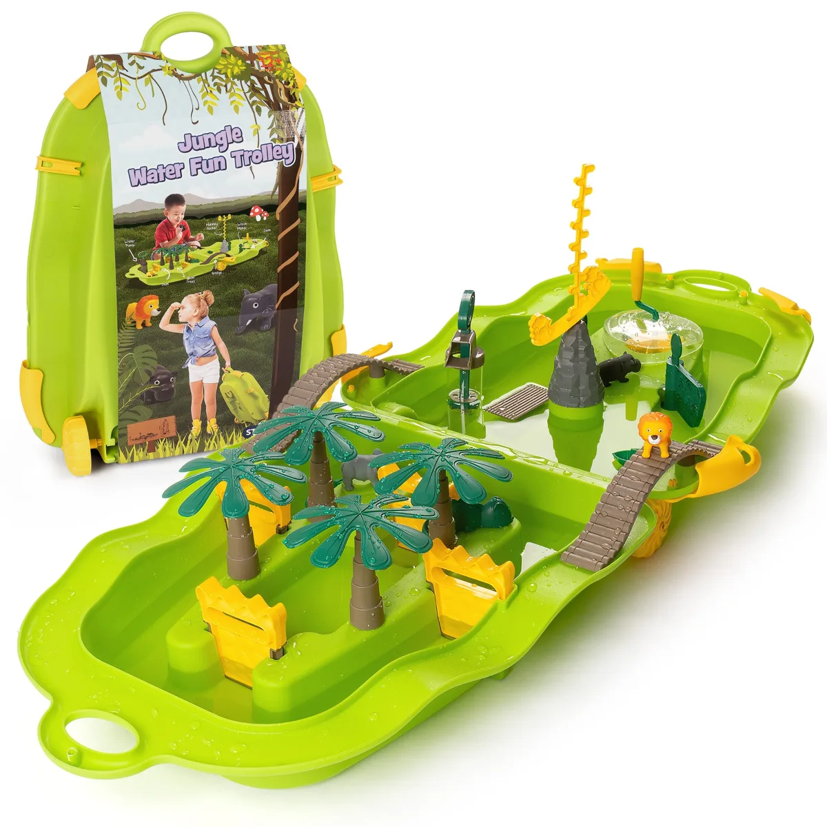 Jungle Water Fun Trolley open as a play tray with palm trees, bridge, lion figure, water pump, and wave maker, shown next to its folded trolley carry case.