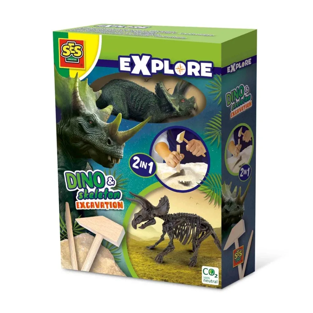 The SES Creative Dino & Skeleton Excavation 2-in-1 Triceratops kit, showing the excavation block, tools, and the buildable Triceratops skeleton model.