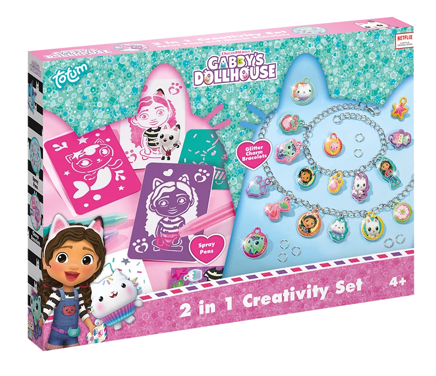 The box for the Totum Gabby's Dollhouse 2 in 1 creativity set, showing the included spray pen art and charm bracelet making activities.