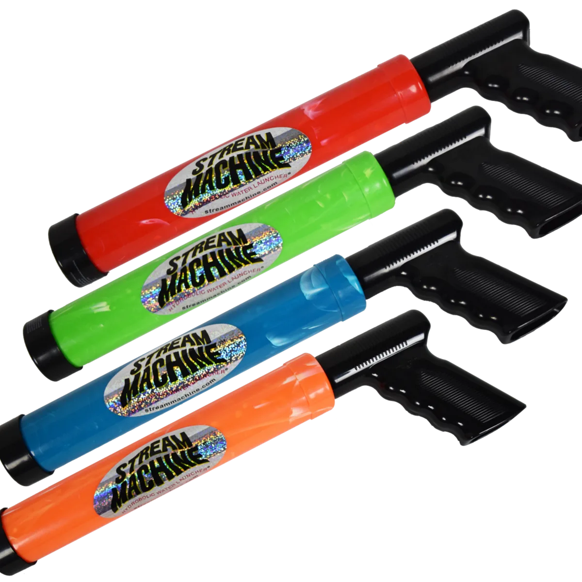 Stream Machine TL-600 pump-action water launchers in red, green, blue and orange laid out on white background
