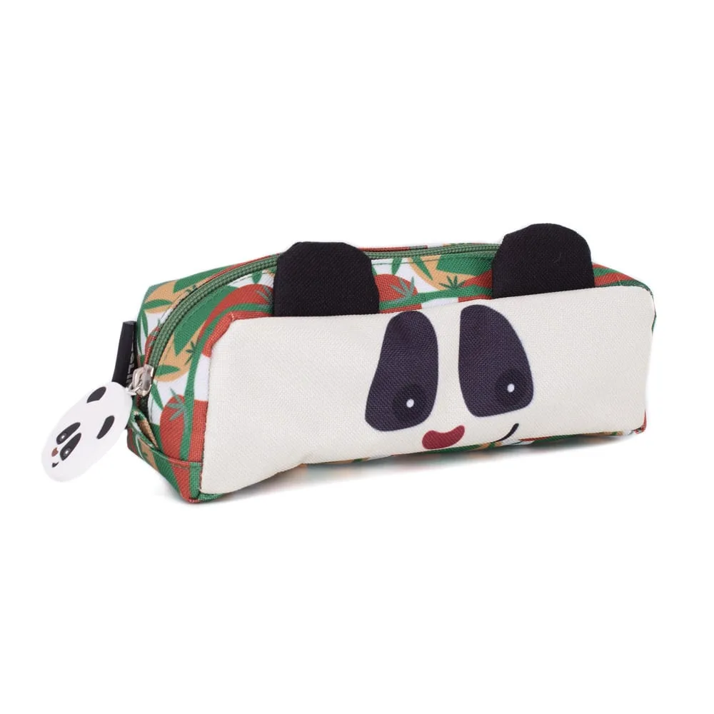 Les Déglingos Rototos the Panda 1-zip pencil case, showing the panda face front, 3D ears, and bamboo-print sides on a white background.