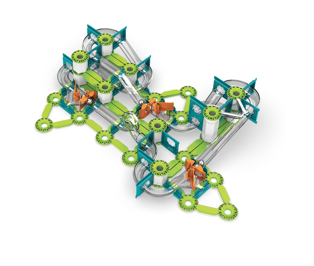 Geomag Mechanics Gravity Loops and Turns 130-piece assembled circuit top-down view, showing green track nodes, teal connectors, and orange magnetic cannon paddles