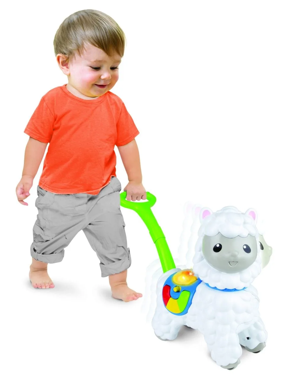 WinFun Push-Along Little Alpaca toddler walker toy with green handle, wobbling head and light-up saddle buttons, suitable from 12 months