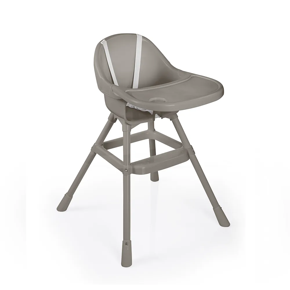 Dolu stone grey baby high chair without seat cushion insert, showing full plastic frame, footrest and detachable tray