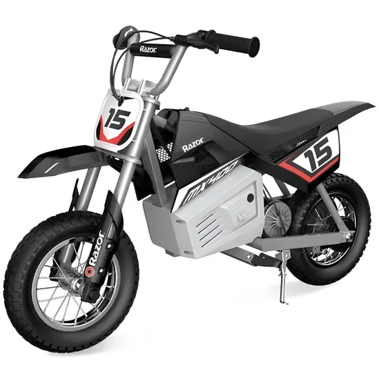 Razor Dirt Rocket MX400 electric dirt bike in black, full side view showing 12-inch knobby tyres, motocross frame and number 15 fairing