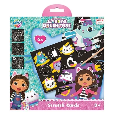 The Moxy Gabby's Dollhouse Scratch Art Cards set, showing the six scratch cards featuring Gabby and the Cat-tastic kitties, and the wooden scratch pen.