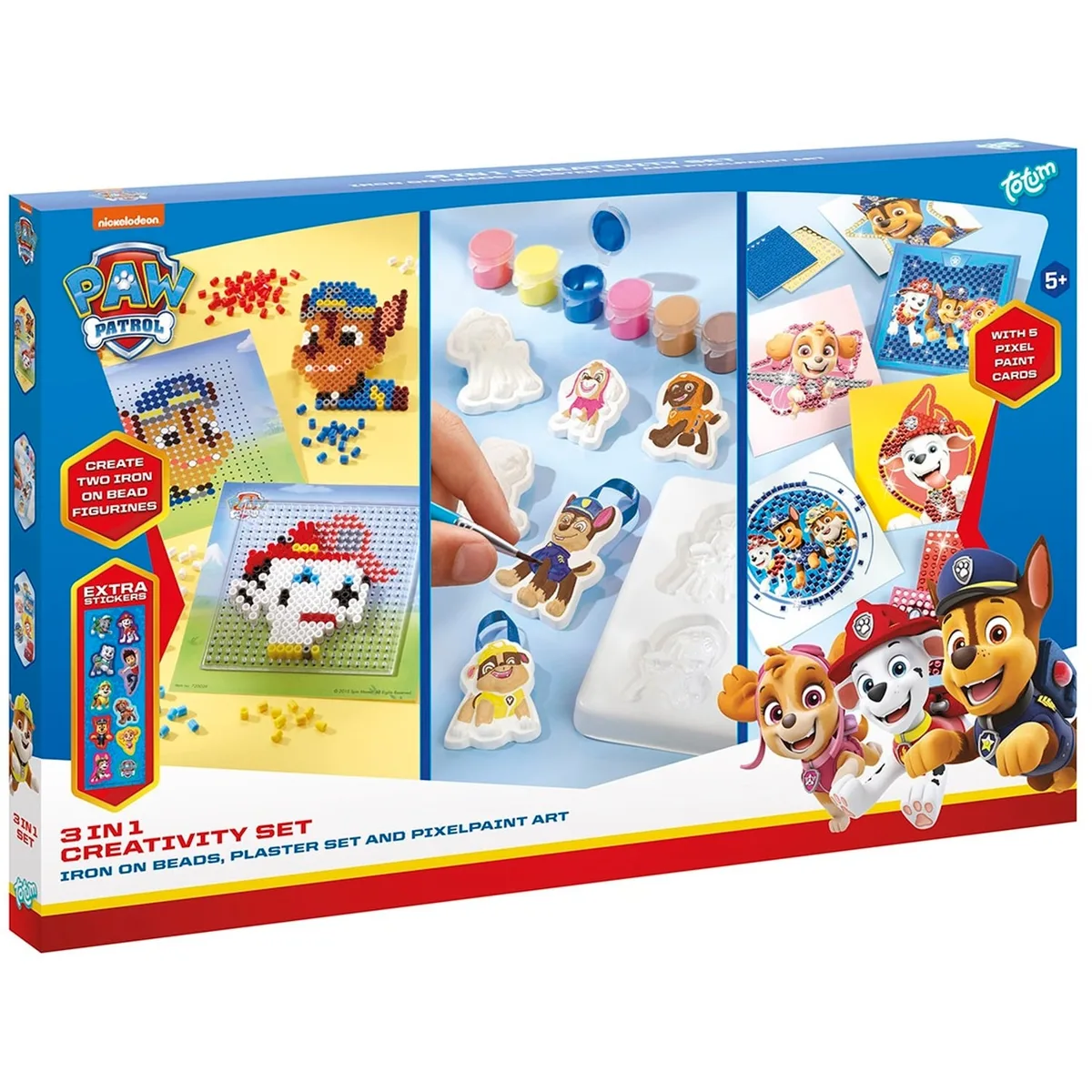 The box for the Totum Paw Patrol 3-in-1 Plaster & Craft Set, showing the included iron-on beads, plaster painting figures, and pixel art activities.