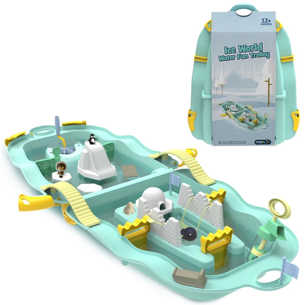 Starplay Ice World Water Fun Trolley open as an Arctic water playset beside its teal foldable wheeled carry case, age 12 months+