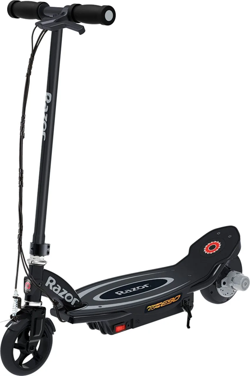 Razor Power Core E90 kids electric scooter in black, showing the hub motor rear wheel, push-button throttle and steel frame on a white background.