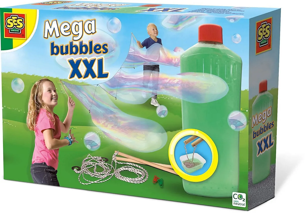 SES Creative Mega Bubbles XXL box showing girl and boy making giant iridescent bubbles outdoors using rope-and-stick tool, ages 5 plus