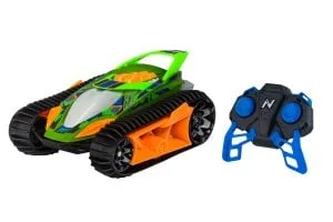 Nikko VelociTrax 1:14 scale RC tracked vehicle in Forest Green, orange, and black with 2.4GHz blue controller shown alongside