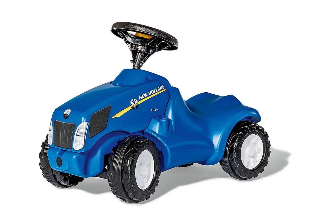 Rolly Toys Minitrac New Holland blue foot-to-floor ride-on tractor with opening bonnet, squeaky horn steering wheel, and chunky black tread tyres