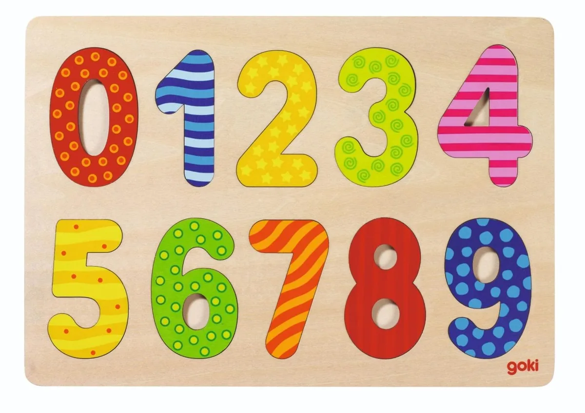 The Goki Number Puzzle 0-9, a wooden board with ten colourful, patterned number pieces from zero to nine.