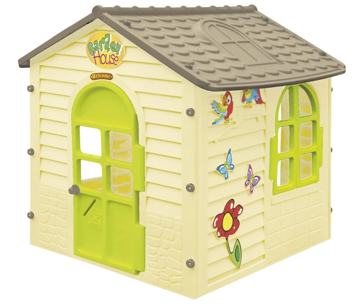 Paradiso Garden House kids plastic playhouse in cream and grey with lime green door and window frames, decorated with parrots, butterflies and flowers