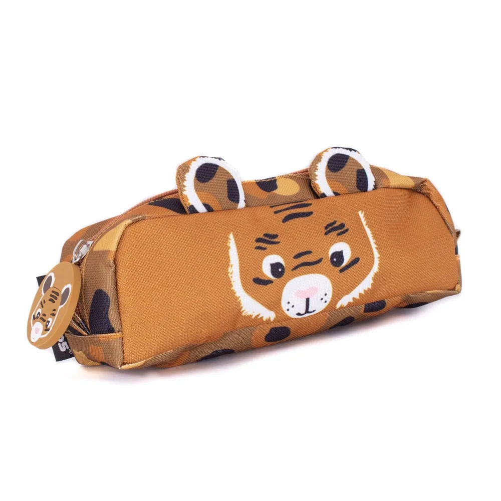 Les Déglingos Speculos the Tiger pencil case with 3D corduroy ears, embroidered face and spotty print, single-zip closure, 22 cm long