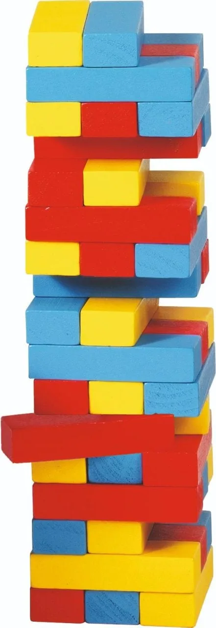Goki HS973 coloured tumbling tower showing 45 wooden blocks in red, yellow, and blue stacked in a precarious leaning tower formation