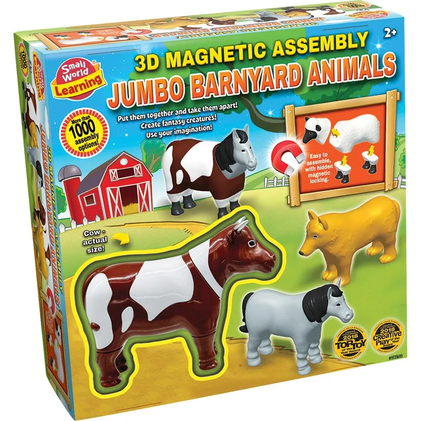 The box for the Small World Learning 3D Magnetic Jumbo Barnyard Animals, showing the mix-and-match magnetic animal pieces.