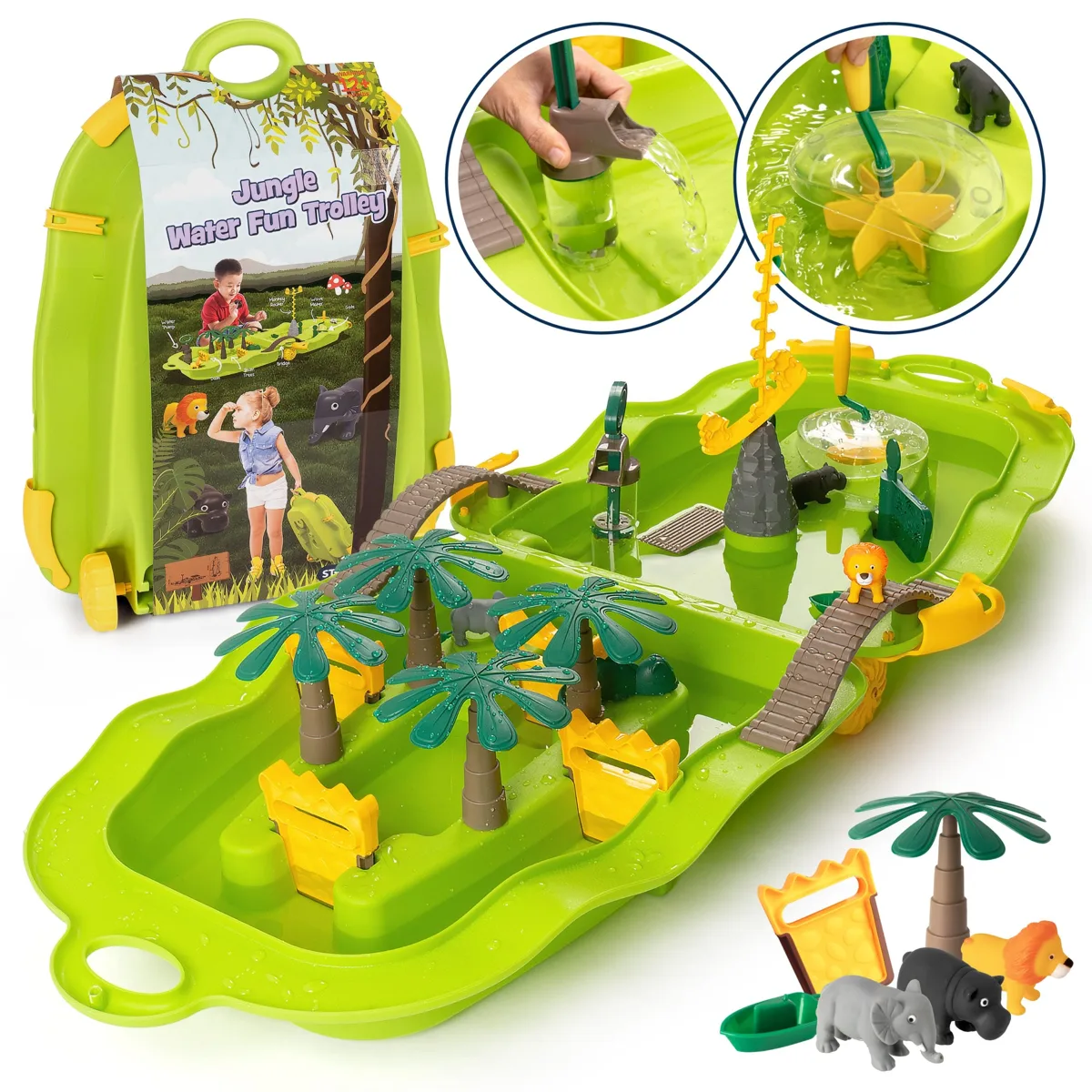 Jungle Water Fun Trolley open play tray with close-up of water pump and wave spinner, plus animal figures including elephant, bear, and lion laid out separately.