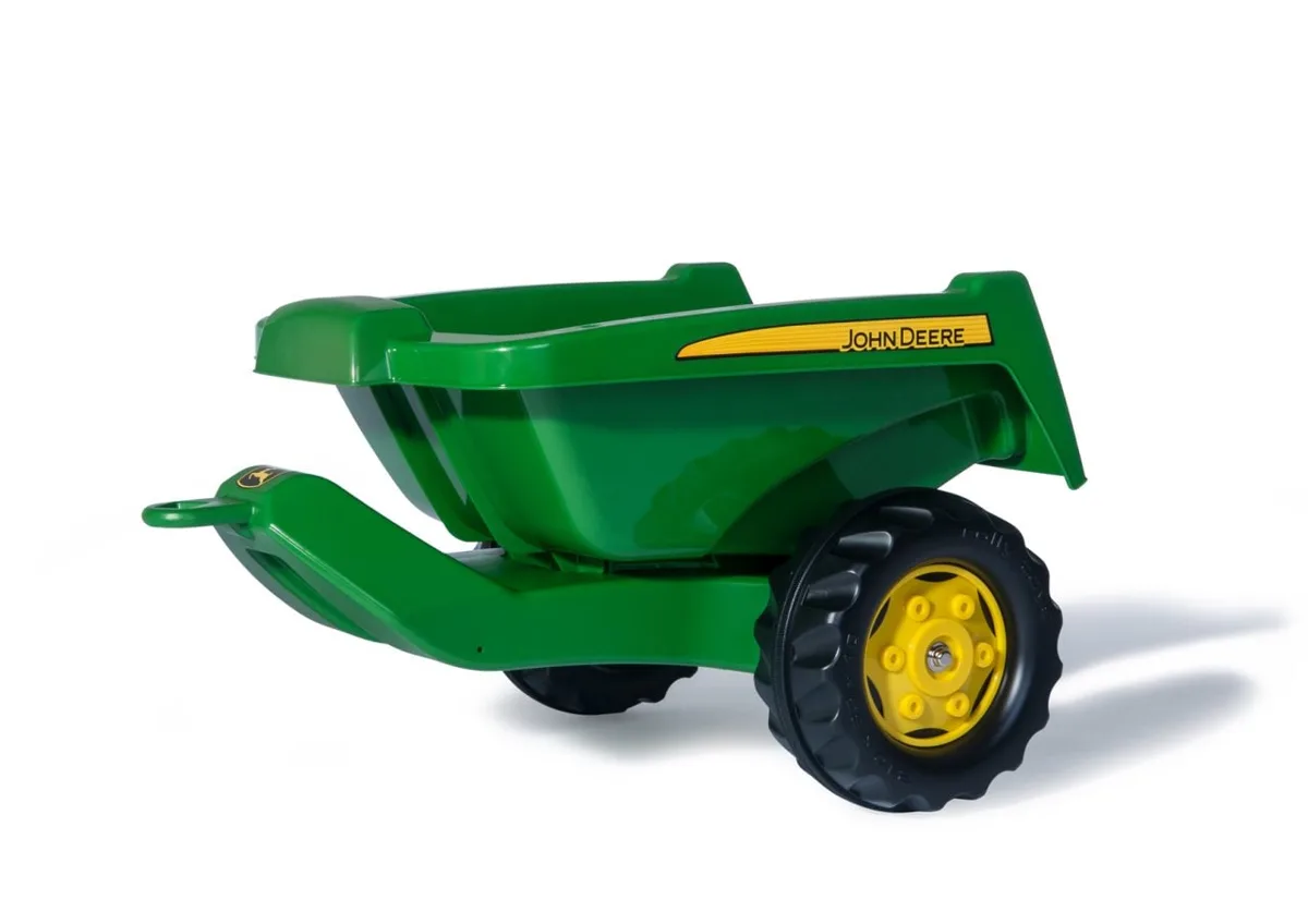 Rolly Toys John Deere Kipper single axle tipping trailer in green and yellow with chunky black rubber-tread wheels, on white background