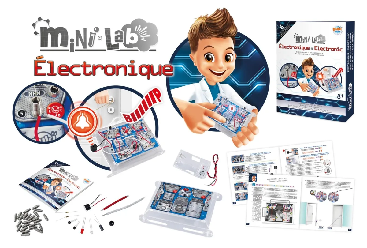 Buki Mini Lab Electronics kit for kids showing circuit board, components, wires, springs, battery holder and instruction booklet, age 8 plus