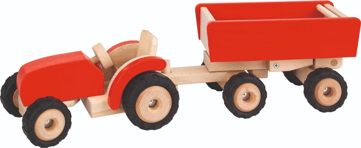 The Goki Wooden Tractor with Trailer, a red and natural wood toy vehicle with a matching red tipping trailer.