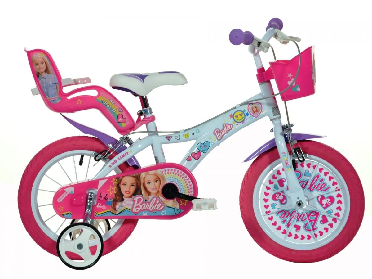 Dino Bikes Barbie 14 inch bicycle in pink and white with Barbie graphics, front basket, rear doll carrier seat and removable stabilisers