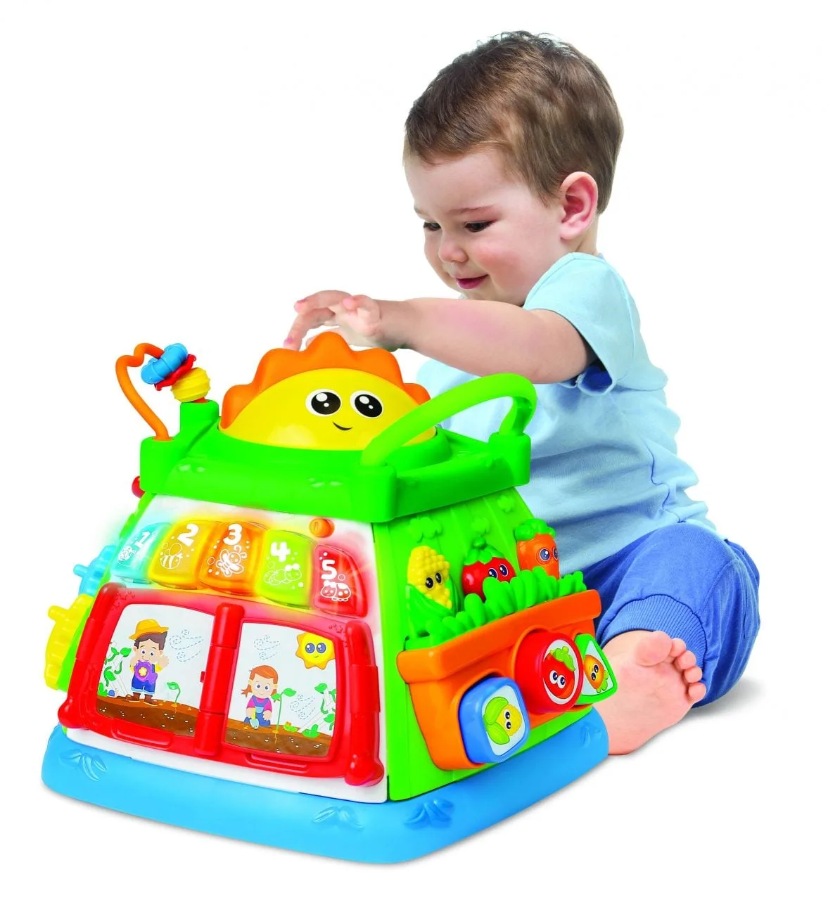 WinFun Lil' Greenthumb Activity Cube with baby boy playing, showing light-up keyboard, shape sorter, bead slider and garden theme panels