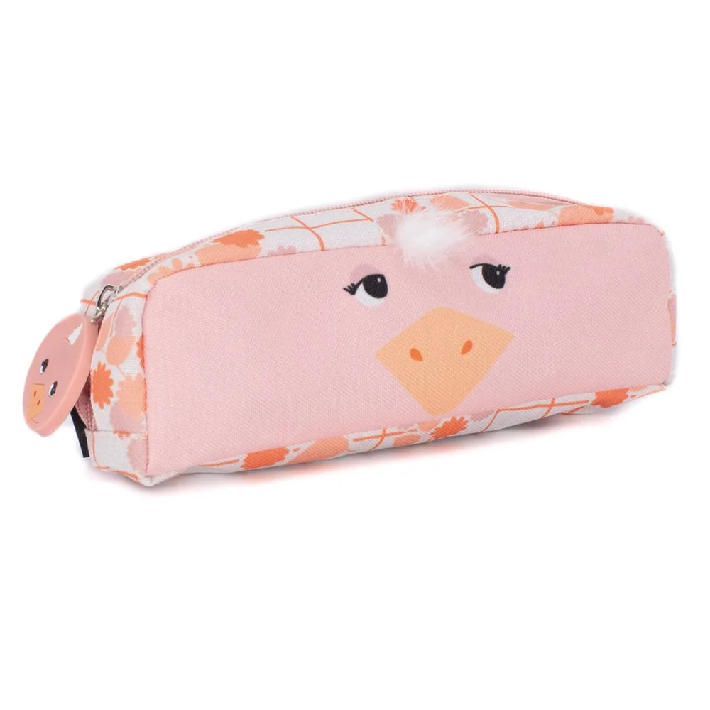 Les Déglingos Pomelos the Ostrich single-zip pencil case in pink with floral grid print and fluffy white head tuft zip detail