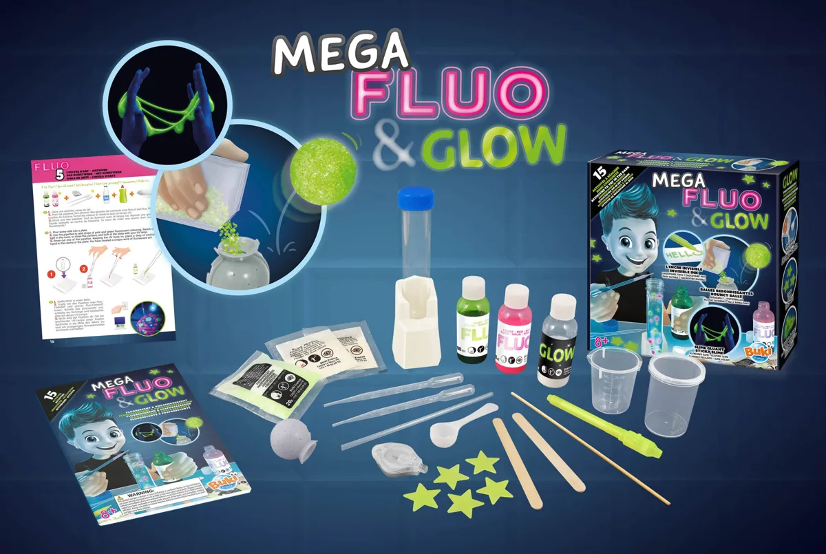 Buki Mega Fluo & Glow kit box with contents displayed including UV lamp, fluorescent slime, glow bouncy balls, beakers, pipettes and instruction booklet for ages 8 and over