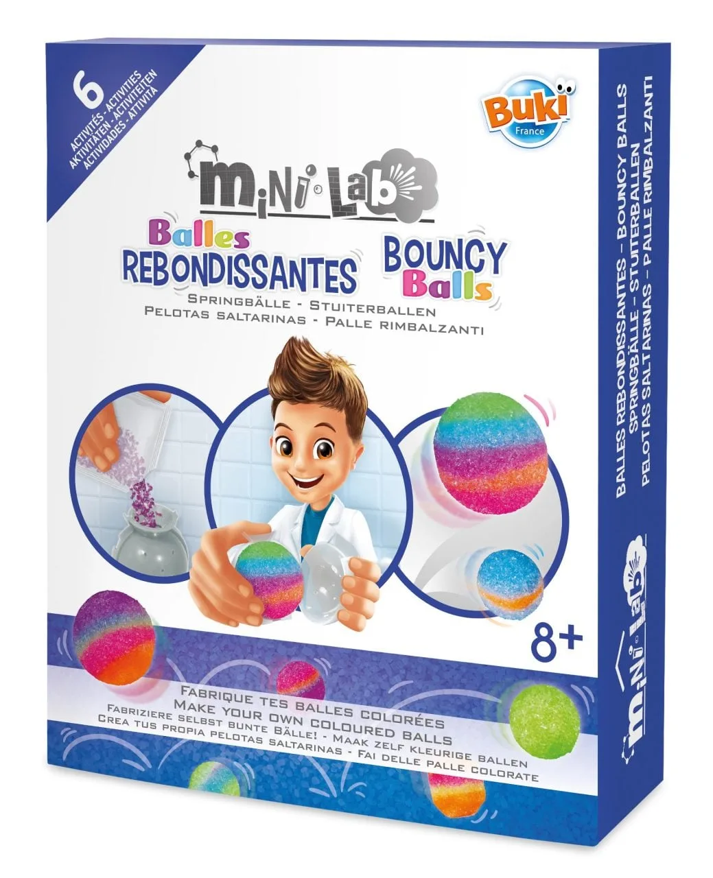 Buki Mini Lab Bouncy Balls kit box showing colourful handmade polymer bouncy balls and glow-in-the-dark ball, ages 8 plus, SKU 3009