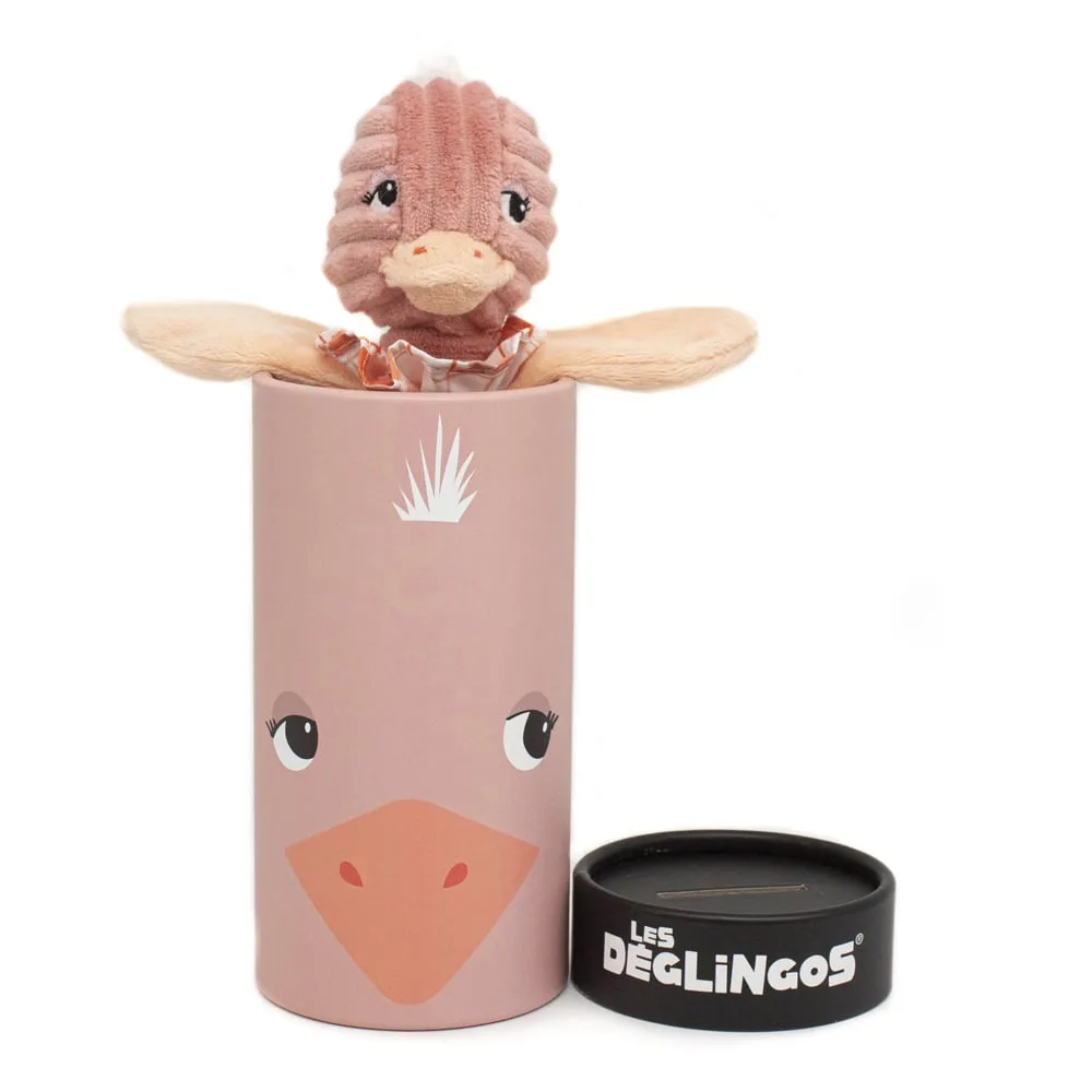 Les Déglingos Pomelos the Ostrich Small Simply plush peeking out of the open pink cylindrical gift tube with lid removed beside it